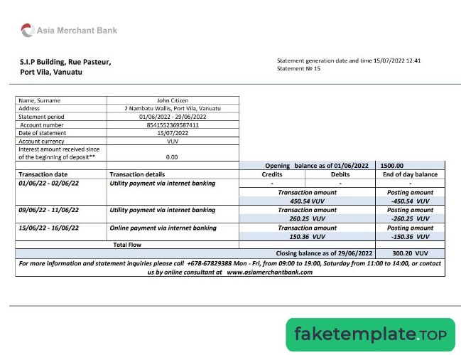 Feature of fake Vanuatu Asia Merchant bank statement